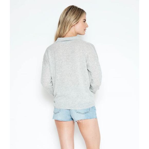 One Grey Day Collared Pullover Sweater Linen Cotton V-Neck Light Polo Gray XS - Picture 3 of 6